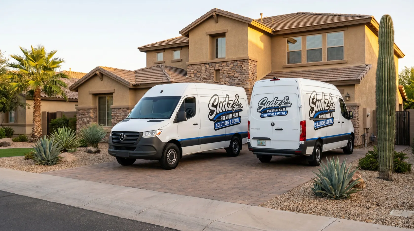 Two branded Sudz and Shade mobile window tint and detailing vans parked at a Phoenix metro home