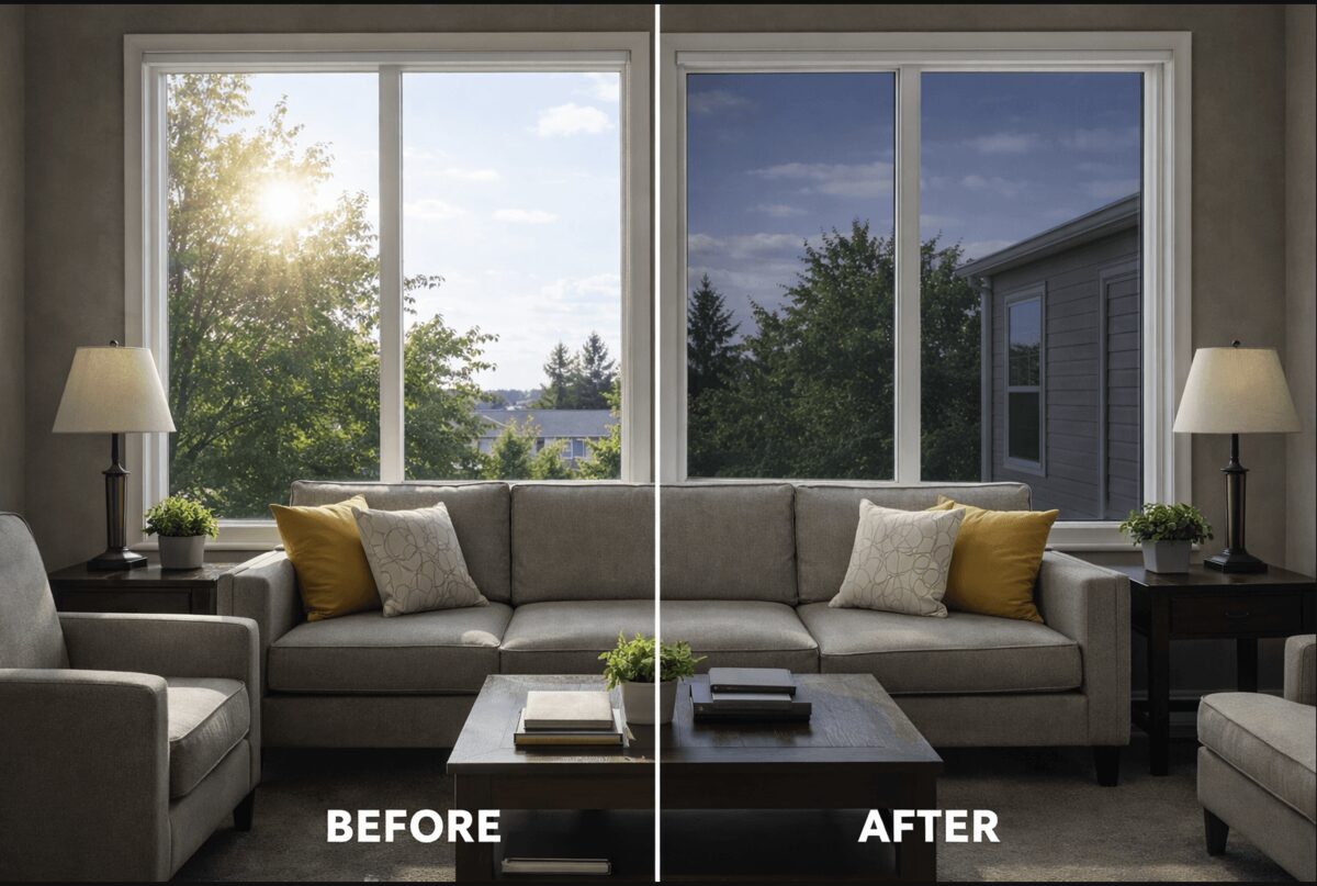 Before and after home window tint comparison in a living room